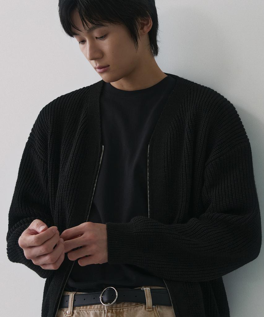 NODU Essential V-Neck Knit Zip-Up Cardigan [Black]