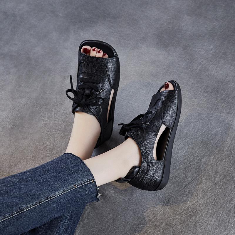 Fashion GKTINOO Genuine Leather Sandals Women 2025 Summer Open Toe Flat Shoes Handmade Retro Lace-Up Comfort Soft Casual Roman Sandals