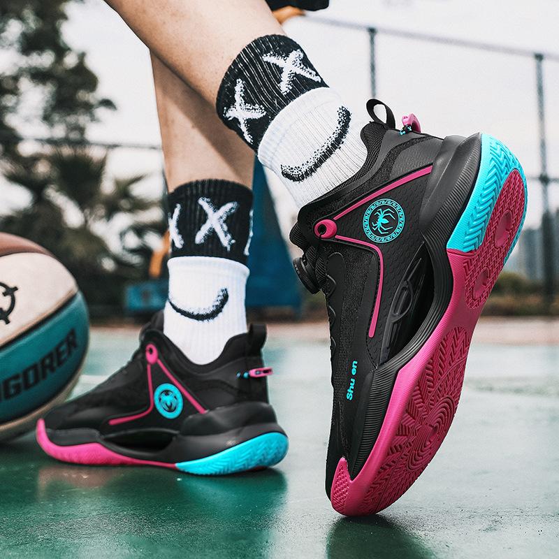 

Basketball shoes men s sports non-slip wear-resistant friction sound grip cushioning rebound rotating button lace-free sneakers 45