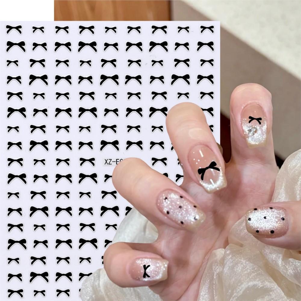 3PCS Cute Mini Bowknot Nail Stickers 3D Black Gold SilverSweet Ribbon Nail Decals Self‑Adhesive Bow Nail Slider Supplies 8*10cm