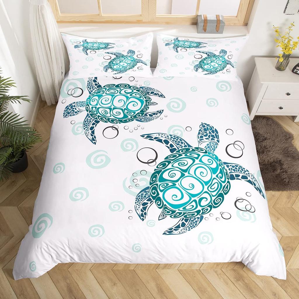 Sea Turtle Duvet Cover Set King Size Watercolor Tortoise Butterfly Comforter Cover for Boys Girly Dreaming Style Bedding Set