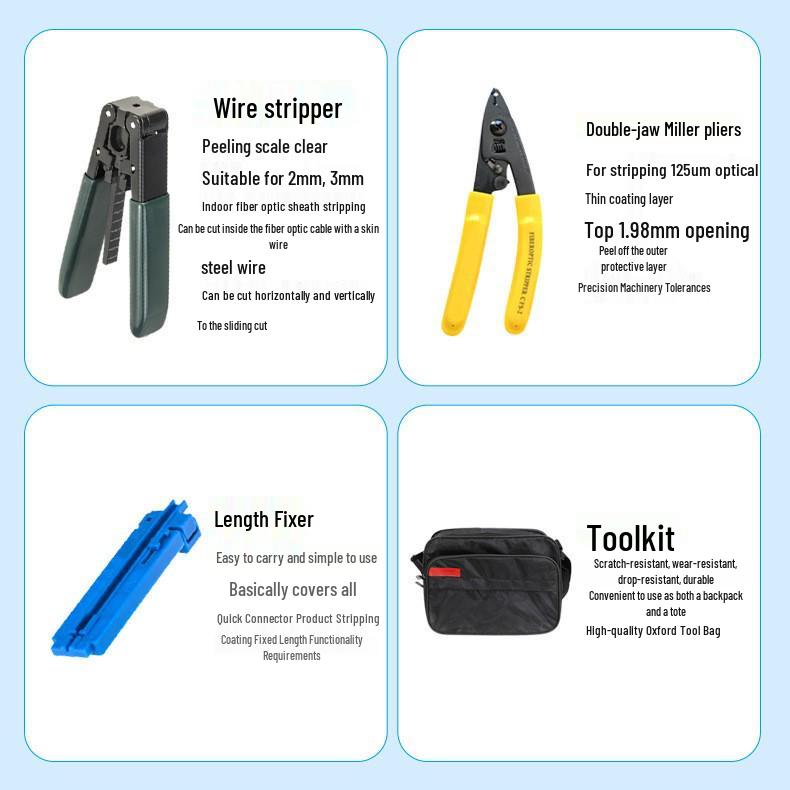 FTTH Fiber Optic Tool Kit: Fusion Splicer, Power Meter, Red Light Pen, Miller Pliers, Cutting Knife, Tool Bag.