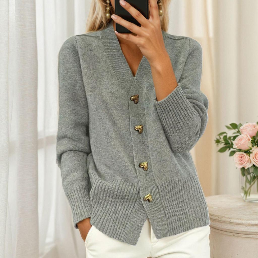 Women's Solid Color V-Neck Long Sleeve Buttoned Cardigan Sweater Coat