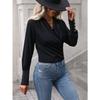 Women's Black Long-sleeved Crossover V-neck Top, Cuff Button Design Is Fashionable and Versatile