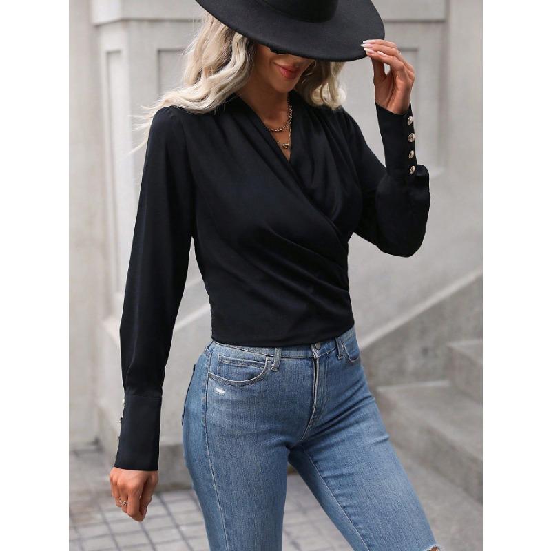 Women's Black Long-sleeved Crossover V-neck Top, Cuff Button Design Is Fashionable and Versatile