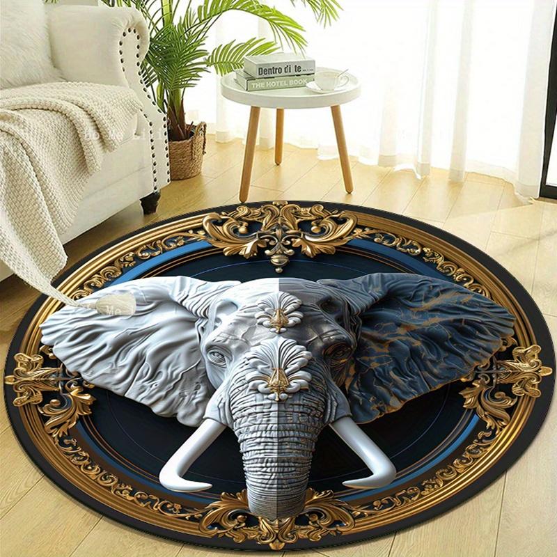 Black and White 3D Elephant Print Round Carpet - Polyester Non-Slip Mat for Bedroom, Living Room, Home Decor - Decorative Chair Mat with Car