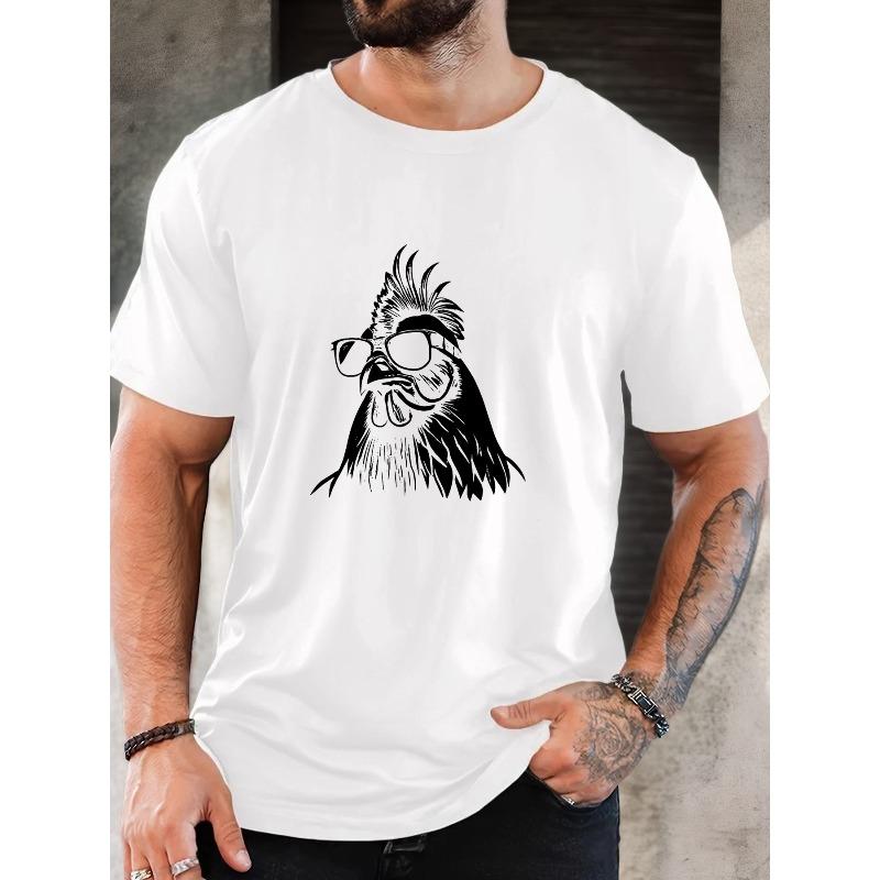 European sizes Men's Summer Casual Round Neck Short Sleeve T-Shirt with Rooster in Fashion Glasses Design