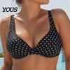Plus Size Women Swimwear 2Pcs/Set Bikini Set, Cross-Chest V-Neck Bra with Built-In Support, Hong Kong Style High-Waisted Twist Swim Bottoms, Retro Dot