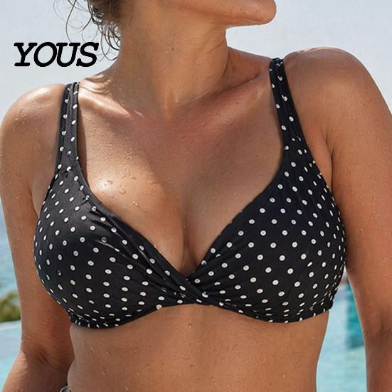 Plus Size Women Swimwear 2Pcs/Set Bikini Set, Cross-Chest V-Neck Bra with Built-In Support, Hong Kong Style High-Waisted Twist Swim Bottoms, Retro Dot