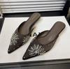 Fashion Crystal Heels Slippers Women Pointed Toe Mules Shoes Elegant Heeled Sandals 2025 Summer Party Flip Flops New Luxury Ladies
