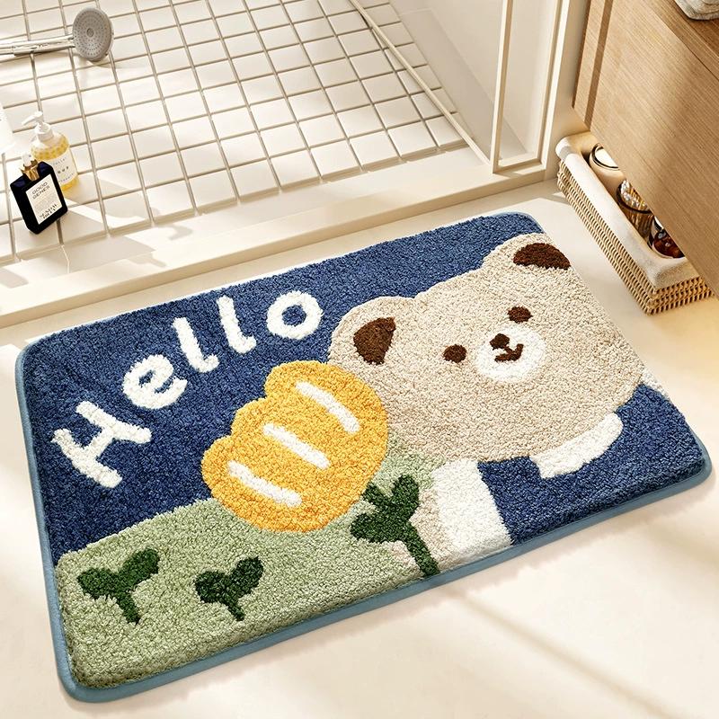 Cute Bear Bath Mat, High-Density Flocked Microfiber Rug with Super Absorption & TPR Non-Slip Backing, Quick-Dry Bathroom Decor