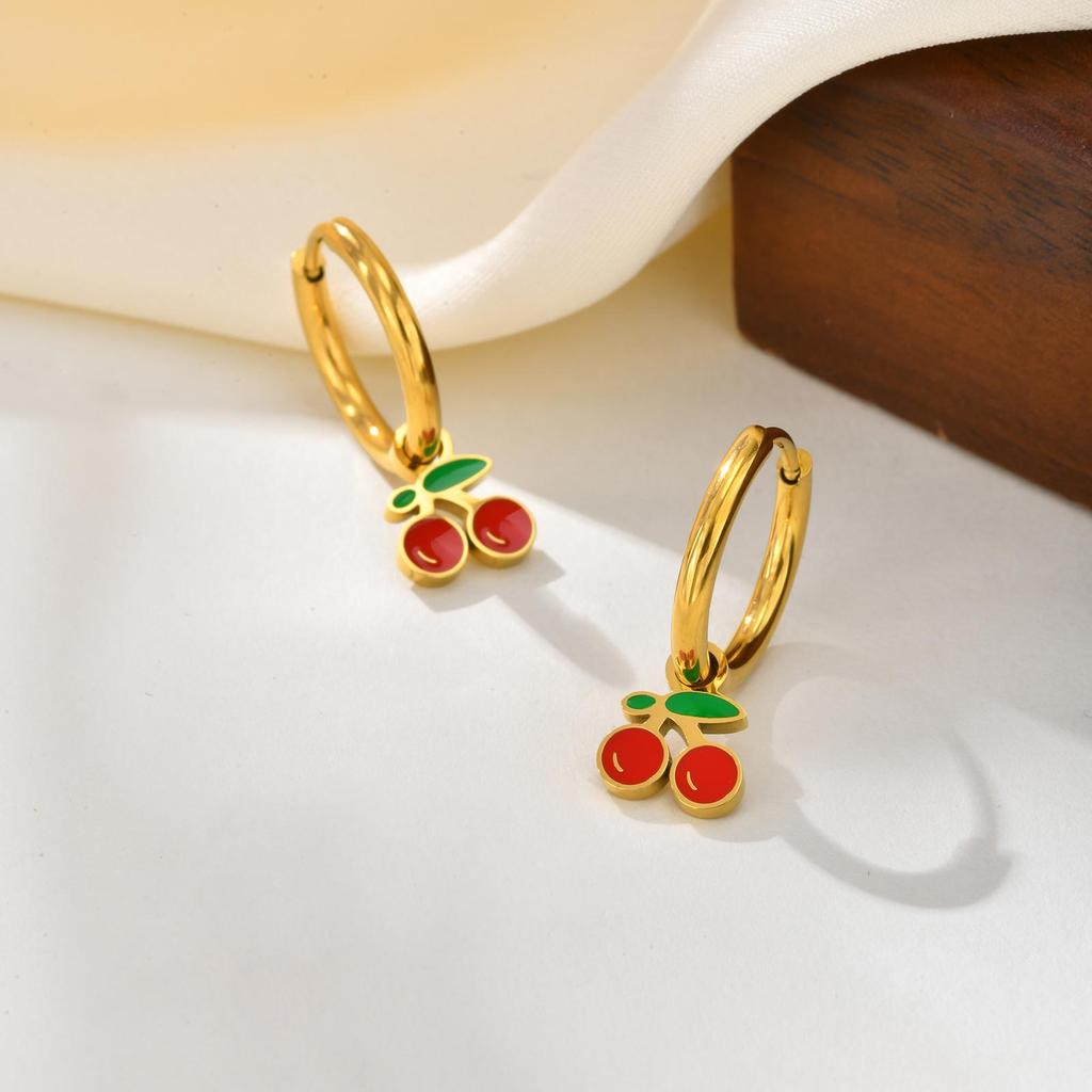Cute Strawberry Cherry Hoop Earrings for Women Girls,18K Gold Plated Stainless Steel Earrings,Trendy Jewelry Gift