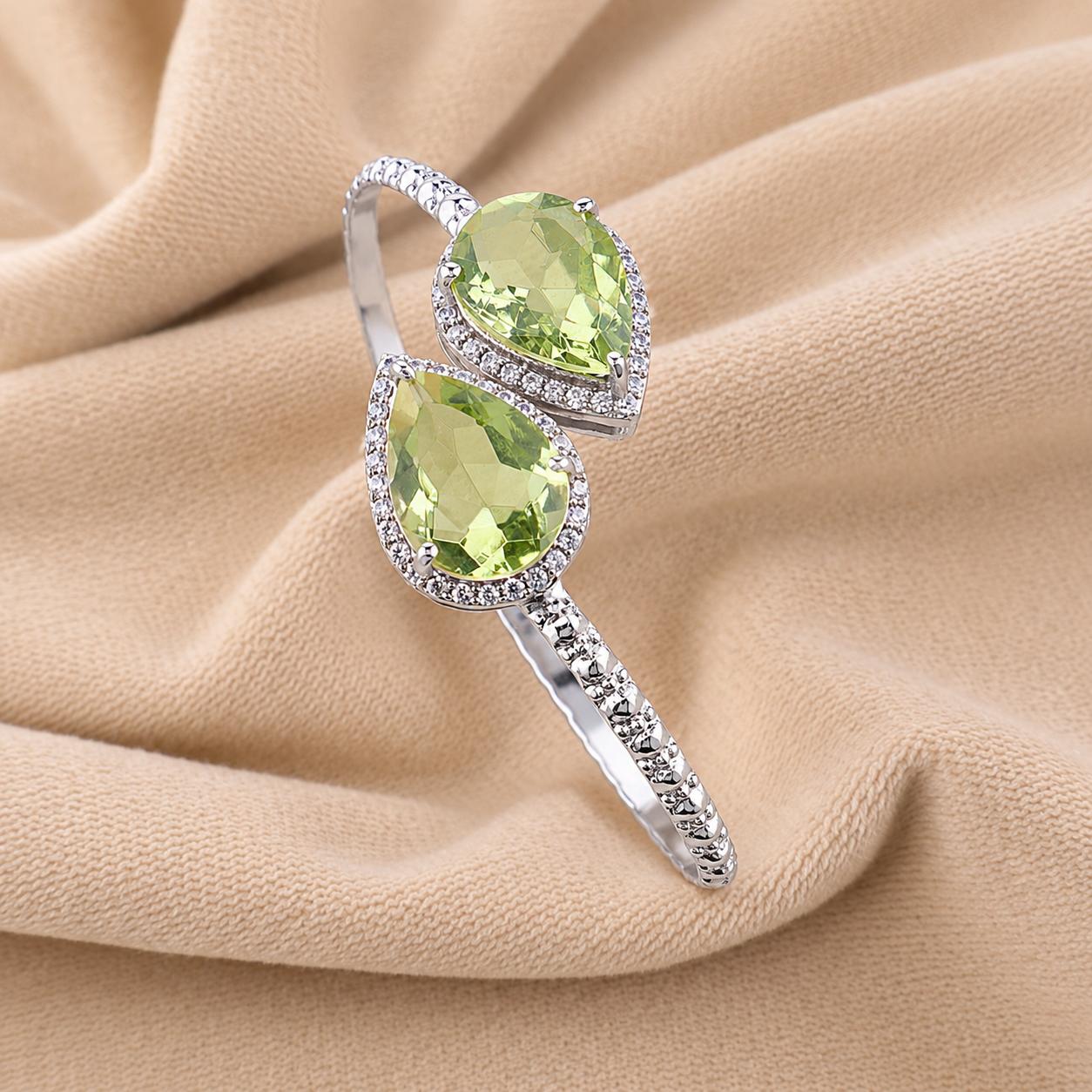 Green Amethyst Gemstone 925 Sterling Silver Partywear Zircon Cuff Bangles For Women ( Option With Gold/Rose Gold Plated ) CZC-1-5 серебряный