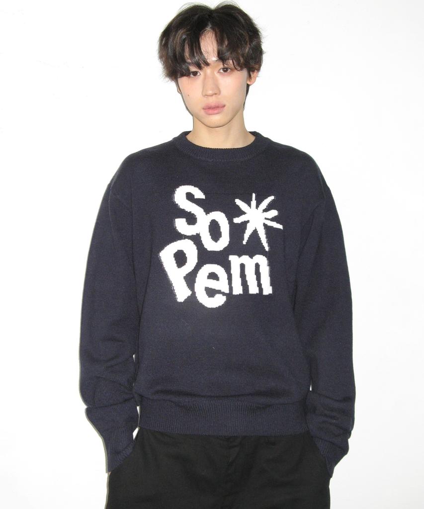 SOMEPLACE MAN Lettering Logo Contrast Round Neck Long Sleeve Oversized Knit Sweatshirt [Navy]