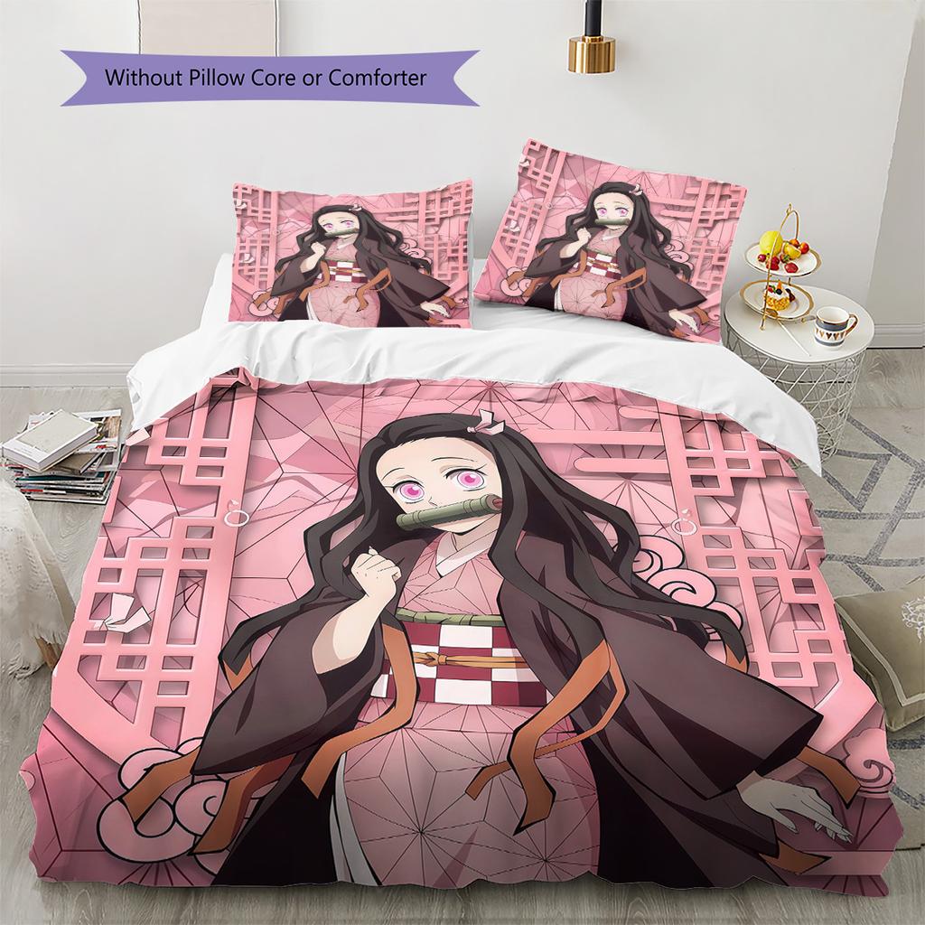 Nezuko Kamado Pattern Bedding Quilt Set Home Decoration Gift (1 * duvet cover + 2 * pillowcase without core)