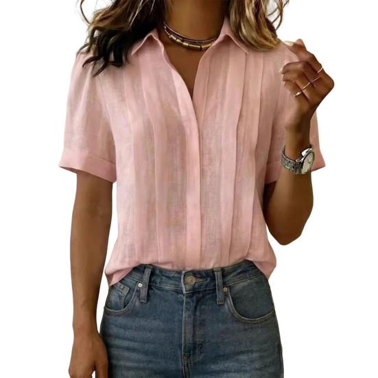Women Tops Lapel Short Sleeve Buttons Placket Shirt Tops Pure Color Loose Fit Casual Style Shirt Home Dates Versatile Wear