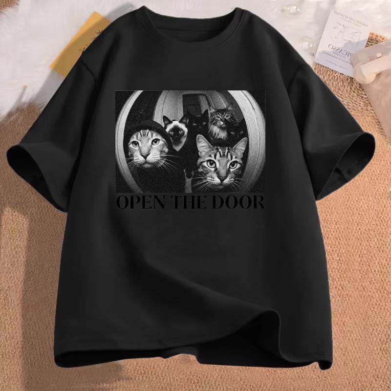 Funny Cat Gang Open The Door Meme Graphic Tshirts Unisex Unisex Vintage Fashion Summer Cotton T Shirt High Quality Classic T Shirts