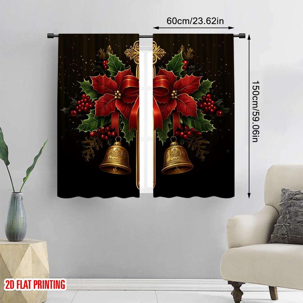 2pcs,2D Plane Printing Pattern Curtains Christmas Bells Holly Poinsettia (4) Versatile Durable Polyester (without Rod) Home