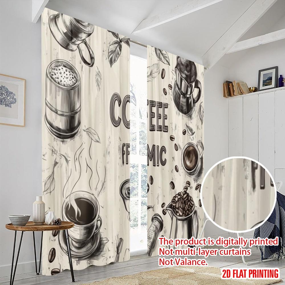 2pcs,2D plane printing Minimalist Curtains Coffee Artistry 100% Polyester (without rod) Outdoor Decorations Perfect for Bedroom