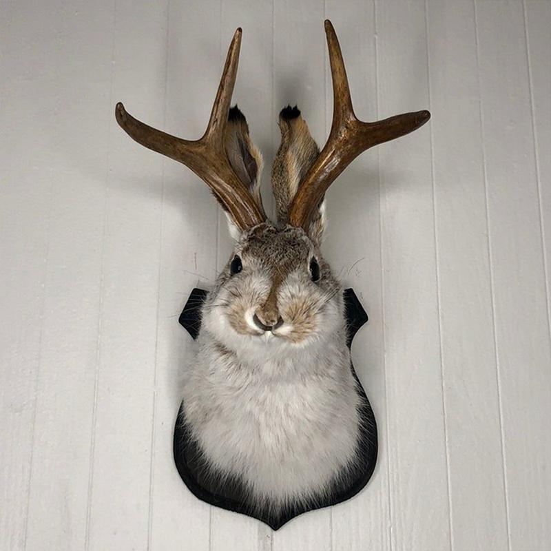 Bedroom Sculpture Bunny Head Antlers Wall Hanging Decoration Crafts Furry Rabbit  Animal Wall Mount Pendant Easter Decoration