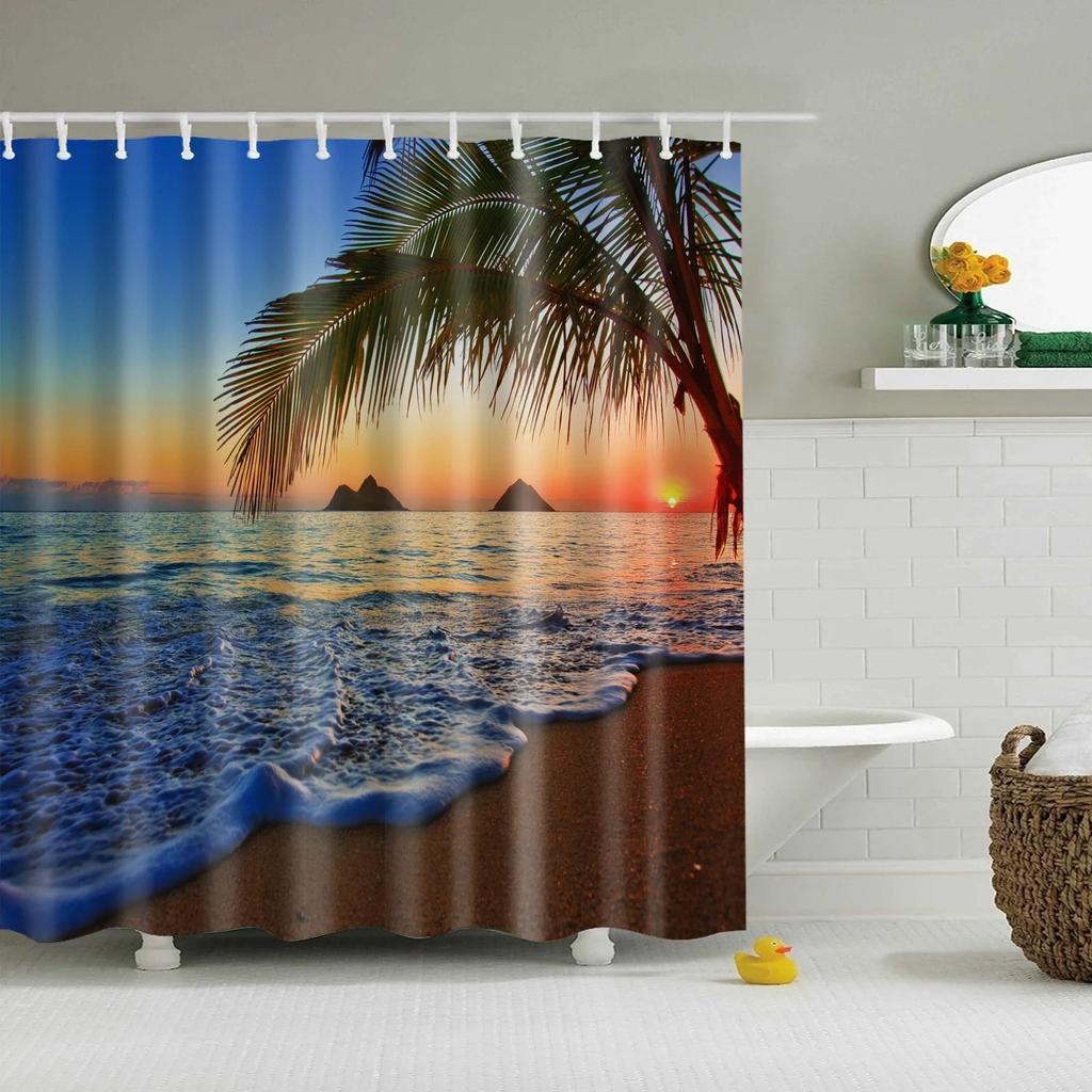 Blue Sky Beach Shower Curtain Modern Scenery Print Bathroom 3D Blackout Curtain Large 180x200cm for Bathroom