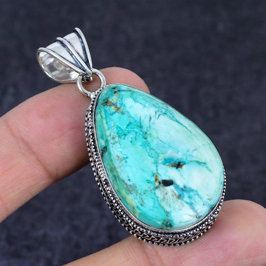 Tibetan Turquoise Gemstone Handmade 925 Sterling Silver Pendant 2.09" F1U23
