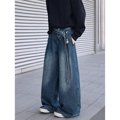 Design Belt Jeans Men's Autumn and Winter Loose Straight Retro Blue Pants American High Street Wide-leg Pants Classic Men's Casual Jeans