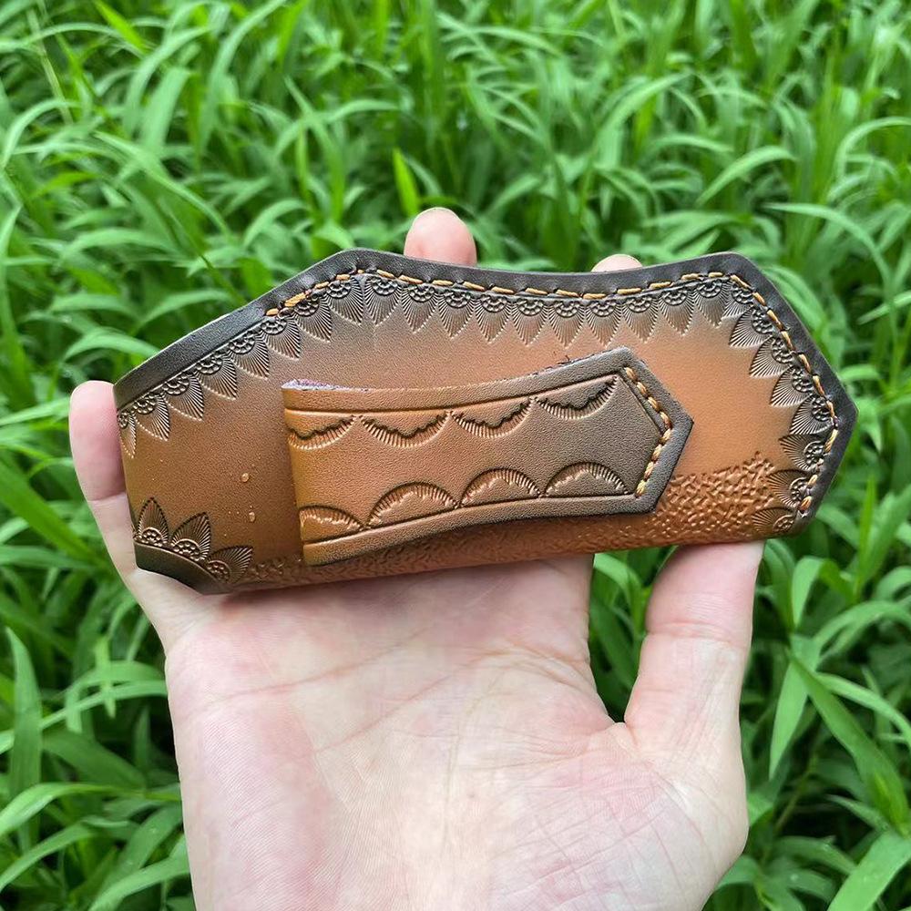 15cm Foling Knife Embossed Cowhide Scabbard Cover Second Layer Leather Sheath Case Camping Knife Holsters Belt Buckle