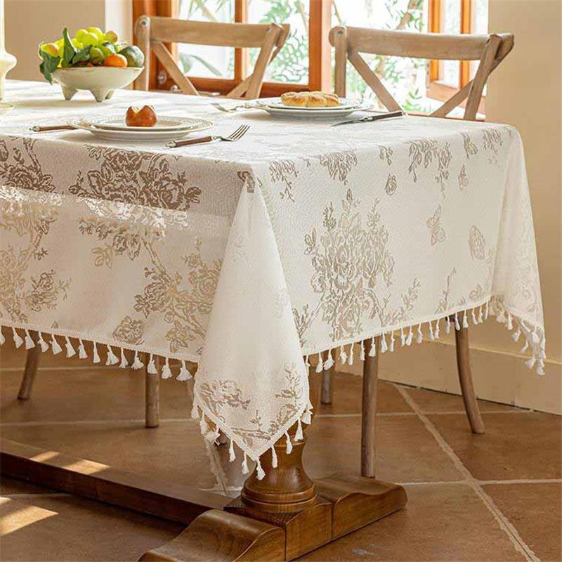 Luxe Tasseled & Jacquard Polyester Tablecloth - Rectangle Lace Dust Cover for Dining & Console Tables Home Decor