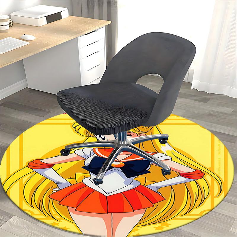 1 Stück Sailor Moon Anime Cartoon Design Runder Teppich Bürostuhlmatte, Rutschfester Teppich für Heimdekoration, Wohnzimmer, Schlafzimmer