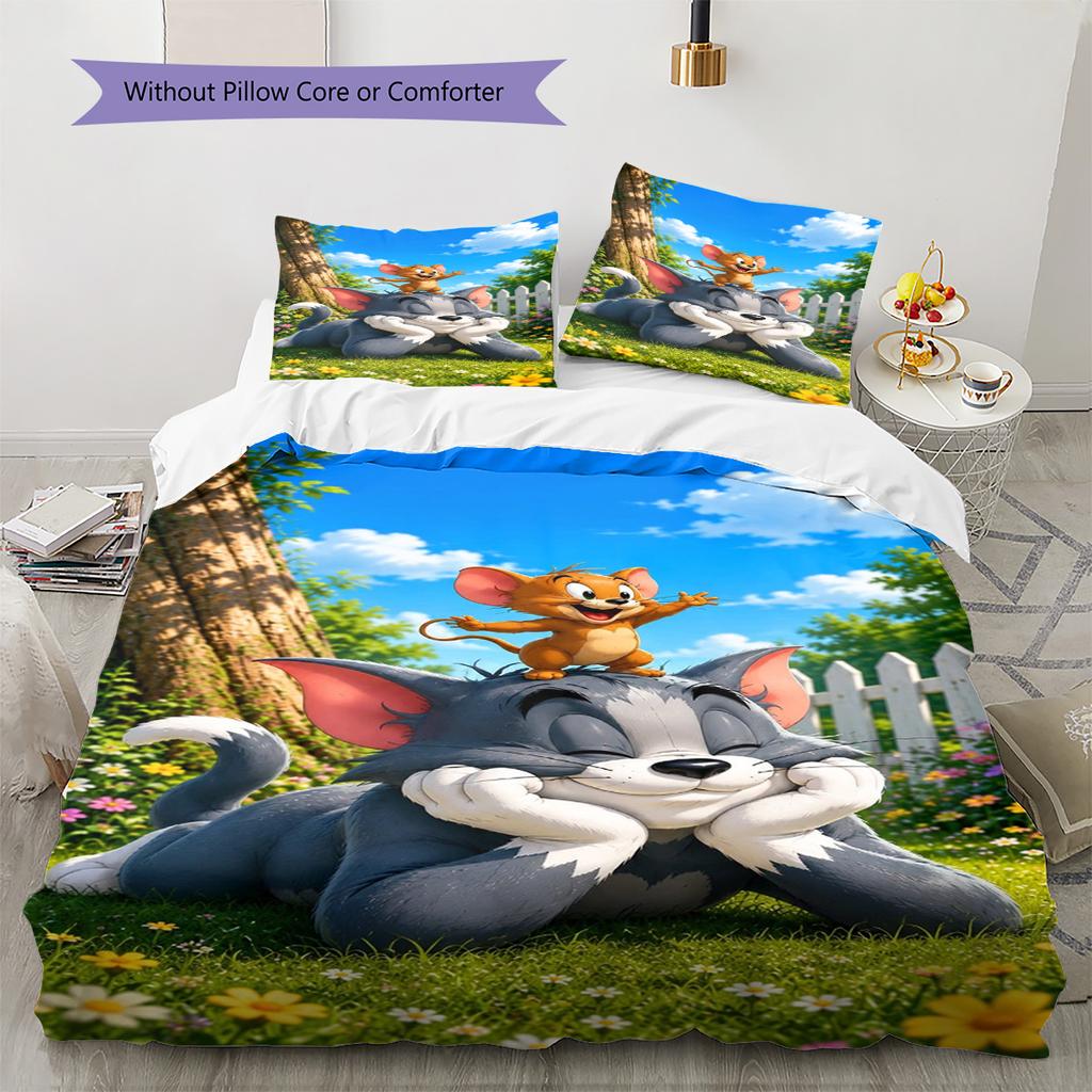 Mouse Cat Cartoon Pattern Bedding Set Quilt Cover Pillowcase Home Decor Gift (1 * Duvet Cover + 2 * Pillowcase, Without Core)