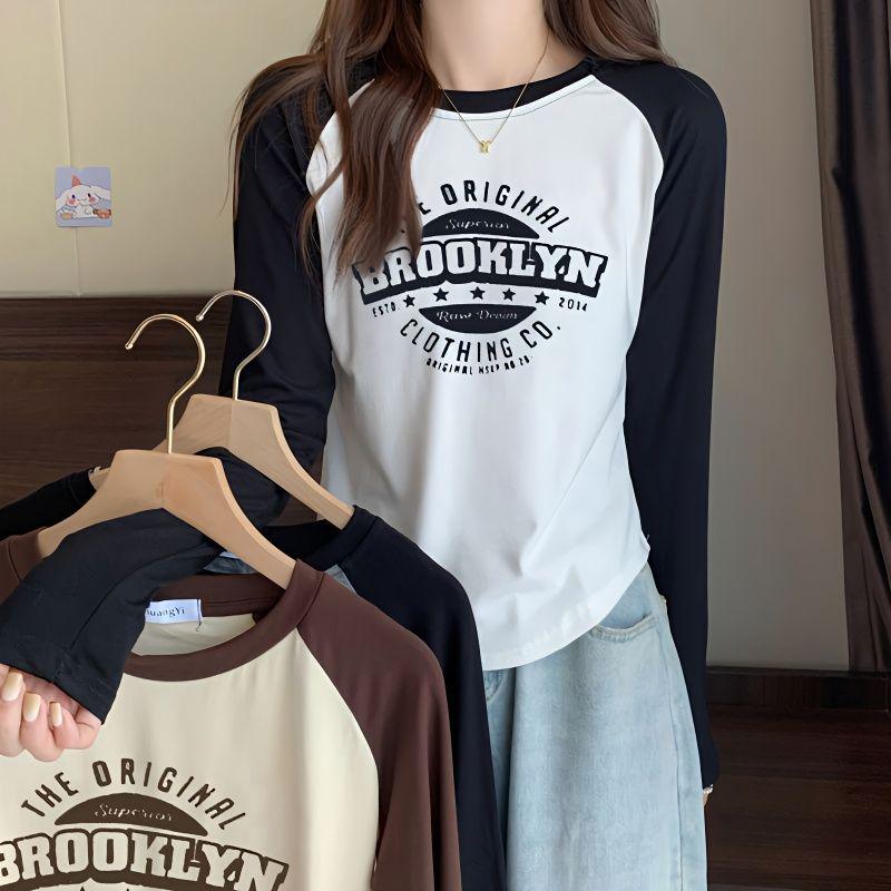 Women's Color Block Raglan Long Sleeve T-Shirt - 2024 Spring/Autumn Slim Fit Spliced Base Top