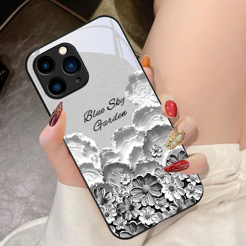 Oil Painting Flower Purple For IPhone 16 Pro Max 15 Pro 14 13 12 Mini 11 XS Max XR 7 8 Plu SE 2022 Tempered Glass Phone Case