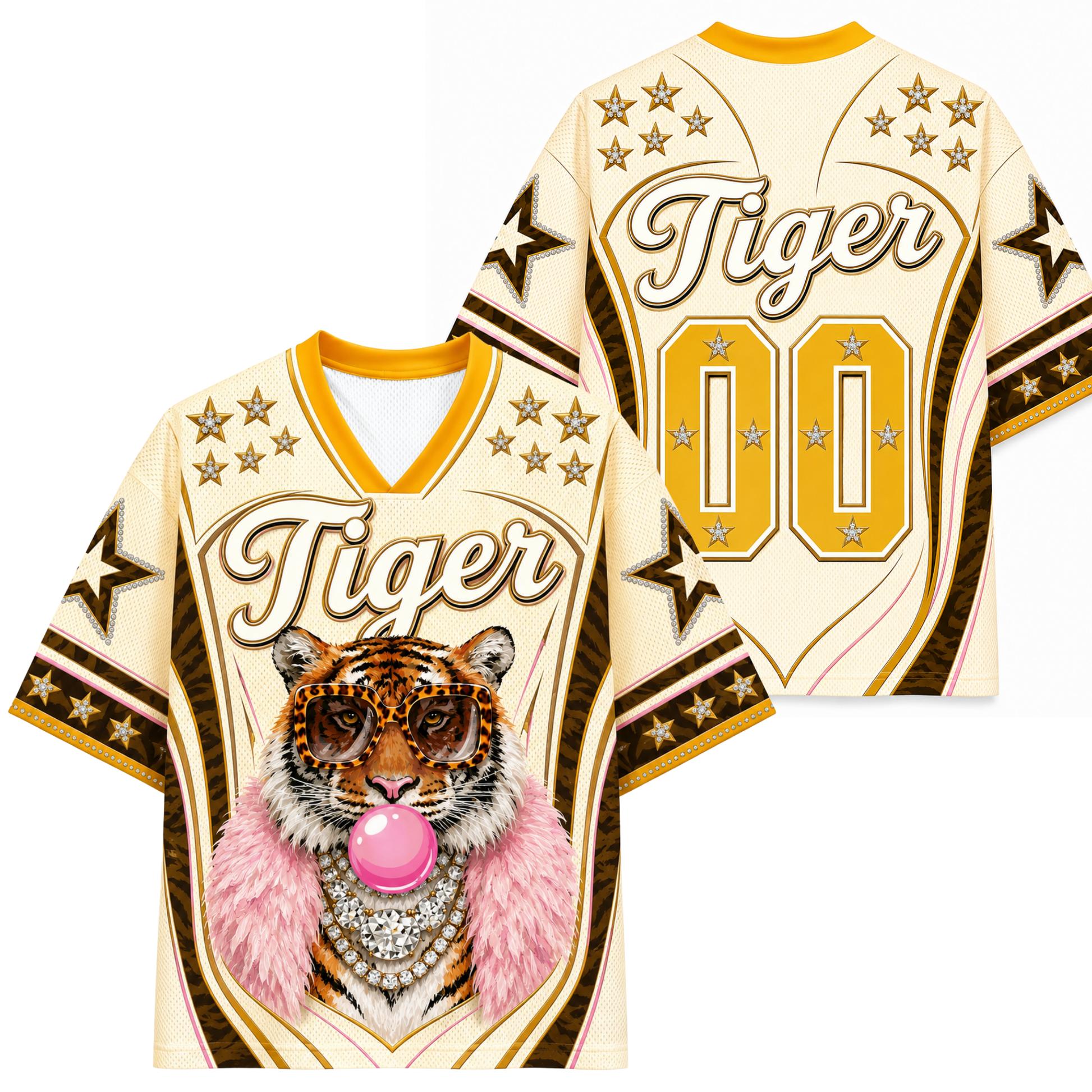 Women Fashion Cool Tiger Star Number 00 Print V Neck Jersey Leopard Trim Short Sleeve Retro Hip Hop Streetwear Sports Top S