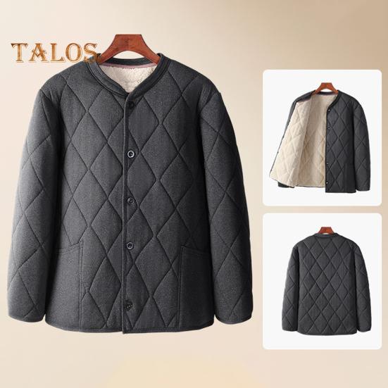Men Coat V-Neck Long Sleeve Single Breasted Windproof Warm Jacket Solid Color Thickened Velvet Lining Outwear
