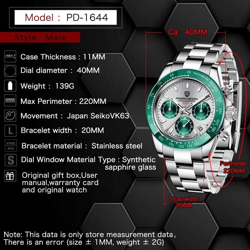 Pagani Design Men's Watch Seiko Quartz Movement Chronograph Waterproof Ceramic Bezel Stainless Steel Strap Green