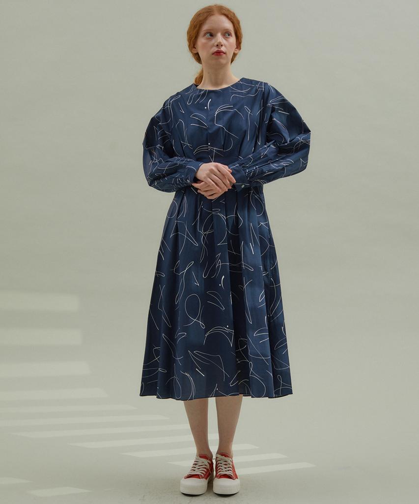 Manavis Seven Scribble Cotton Dress Navy