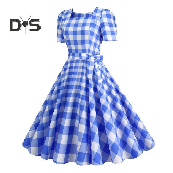 Damen Vintage-Kleid mit Karomuster, quadratischem Kragen, kurzärmelig, Midikleid mit hoher Taille und Schleifendekor, A-Linie, Swing-Kleid