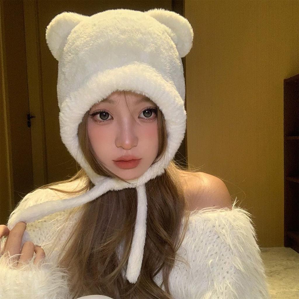 Bear Pattern Hat Adult Soft Plush Hat Thicken Female Hat Versatiles Stylish Hat for Travels and Shopping