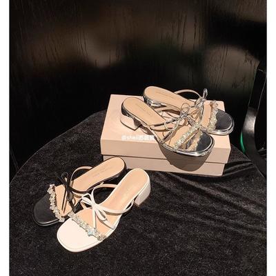 Su Yinyin Has the Same Rhinestone Word with Thick Heels, Slippers, Feminine Temperament, Fairy Square Head Versatile High Heels, Sandals To Wear Outsi