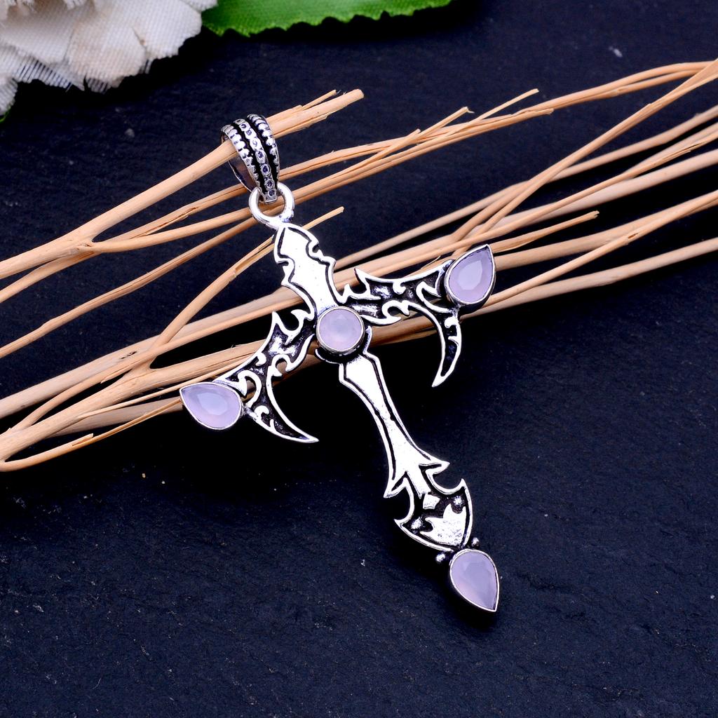 Pendentif En Argent 925 Et Quartz Rose Naturel - Fait Main - Longueur 2,5 Pouces