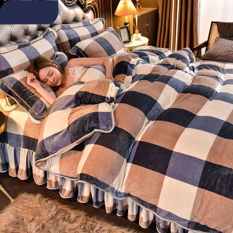 King Size/Queen Size/Twin Size Winter Milk Fleece Postýlka Sukně Povlak na polštář Povlak na polštář Čtyřdílná sada Zahuštění Teplé Jednoduché povlečení Vysoká kvalita