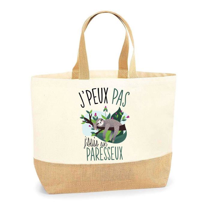 Sac cabas - PLANETEE - Paresseux « J'peux pas » - Jute - Beige - Anses solides