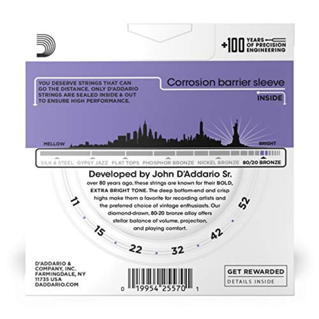 Acoustic Guitar Bronze Custom D'Addario Strings, 80/20 Light, .011-.052, EJ13-3D, 3-Pack