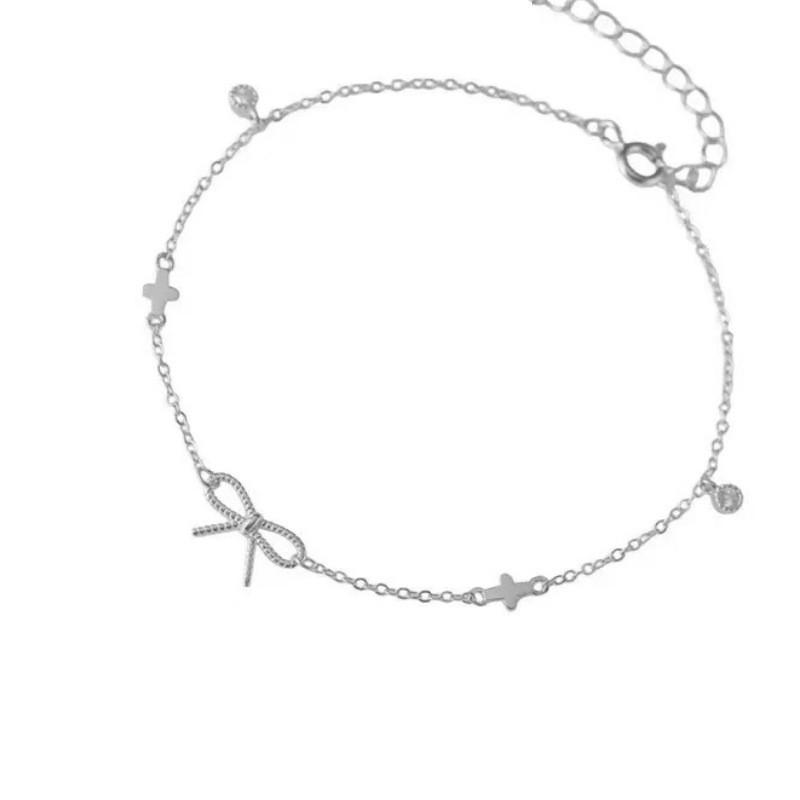 Sterling Bow Knot Bracelet Women Minimalist Cross Pendant Fashion Jewelry