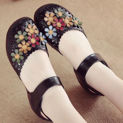 Summer Popular Women's Shoes Ethnic Style Handmade Leather Sandals Women's Soft-soled Flowers Maternity Shoes