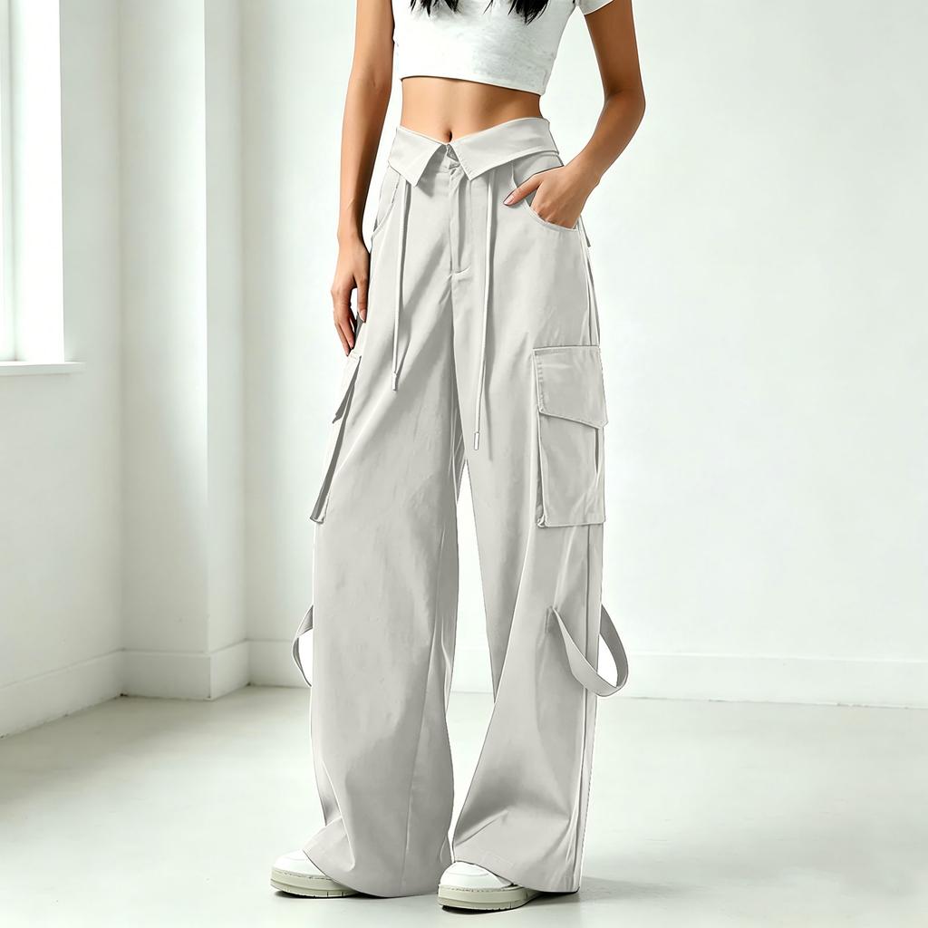 Women’s Fashion Loose Fit Wide Leg Pants with Drawstring Waist and Multiple Pockets for Casual and Athletic Wear