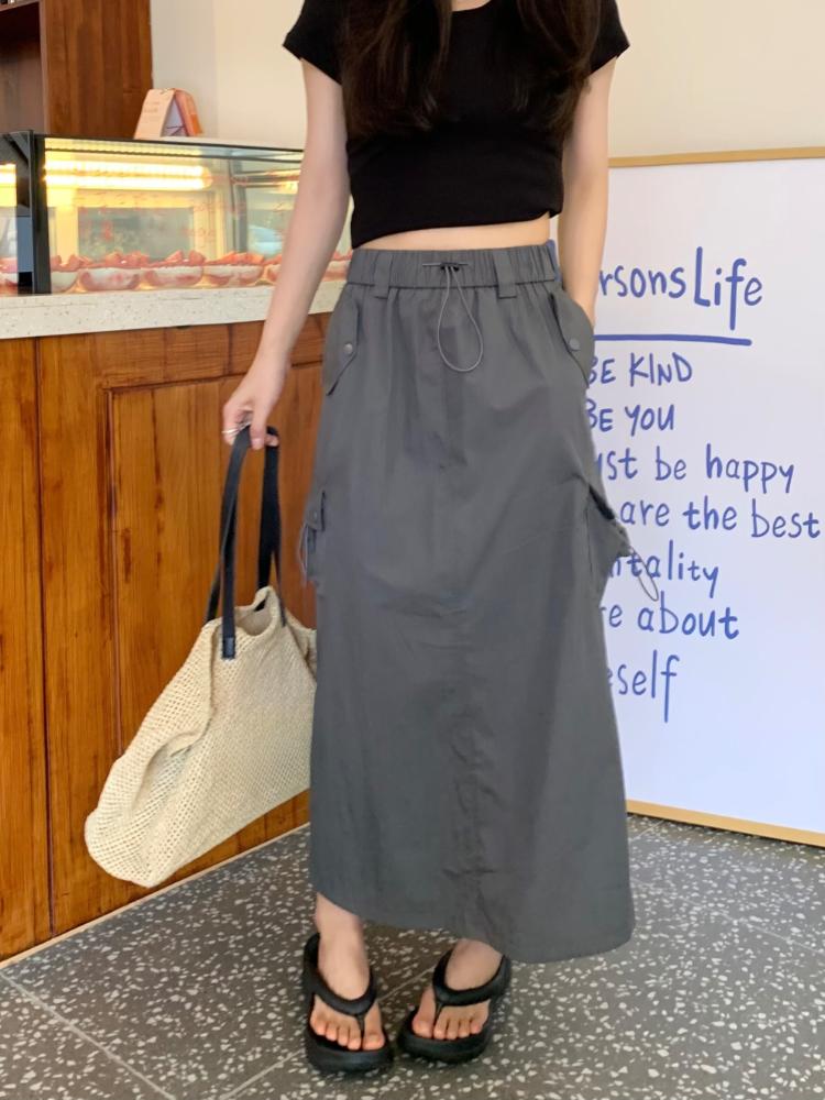 

Шикарная юбка-карго с завязками на карманах, женская летняя ретро-юбка с высокой талией и разрезом Gyaru, длинная юбка, модная уличная одежда Harajuku, новинка 2XL серый