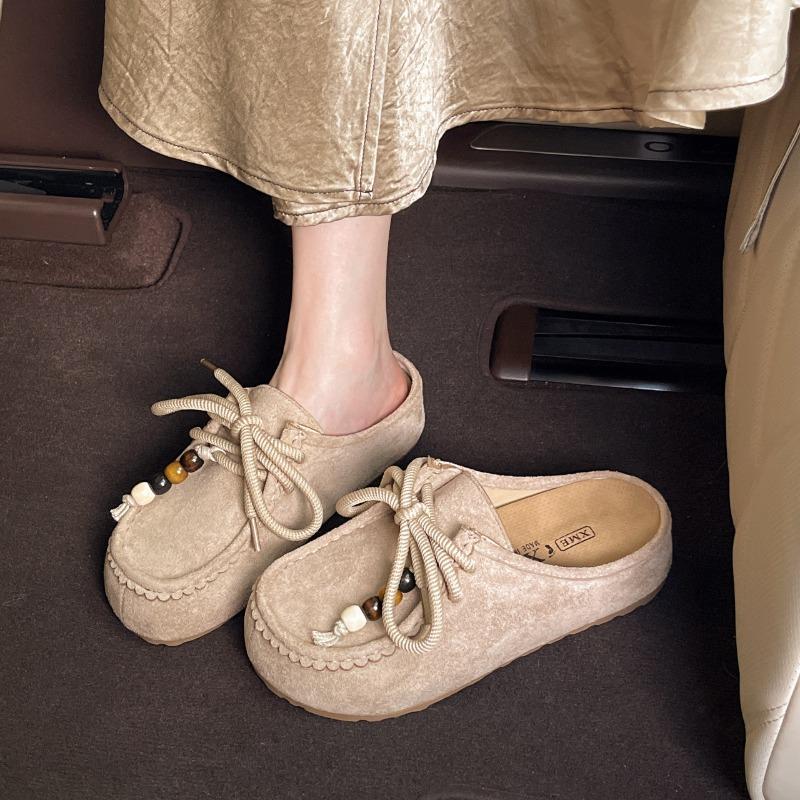 Fashion Women Baotou Half Slippers Retro Faux Suede Casual Slipper Outdoor Non Slip Platform Slides Height-increasing Slippers for Women