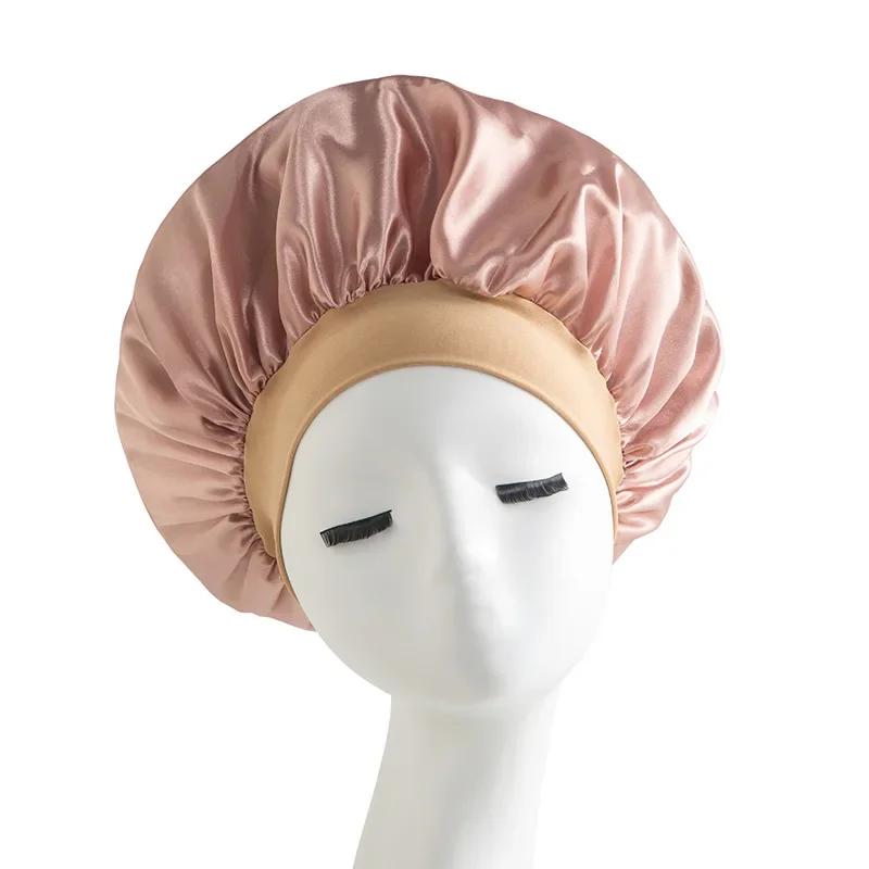 New Satin Wide Brim Nightcap Silky Bonnet Hair Wrap for Sleeping Sleep Cap with Elastic Soft Band Styling Cap Hair Wrapping Tool